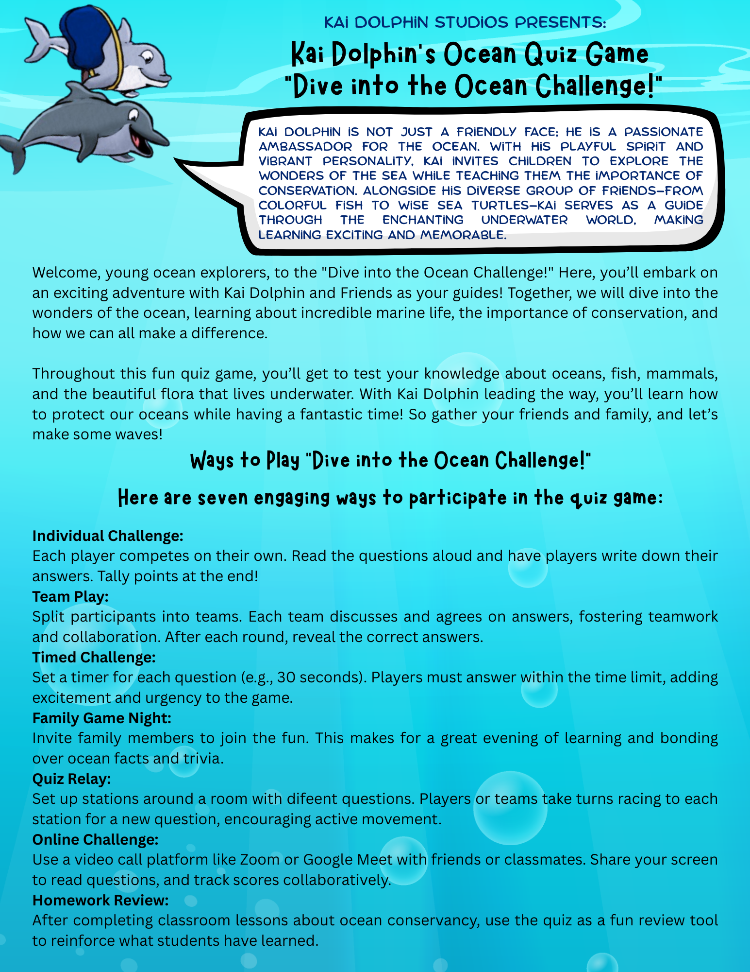 Kai Dolphin's Ocean Quiz Game intro